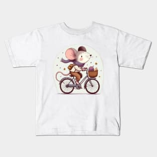 Autumn Harvest Journey - Whimsical Mouse on Bicycle Kids T-Shirt